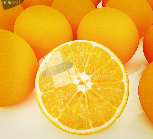 Image of half oranges and oranges. 3D illustration. Vintage style.