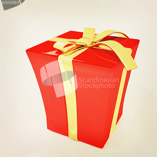 Image of Red gift with gold ribbon. 3D illustration. Vintage style.