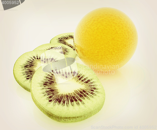 Image of slices of kiwi and orange. 3D illustration. Vintage style.