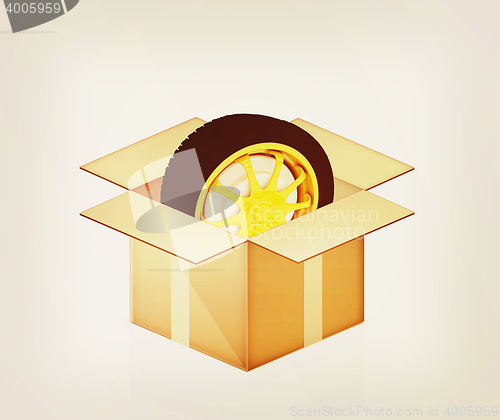 Image of 3d model car wheel in cardboard box. 3D illustration. Vintage st