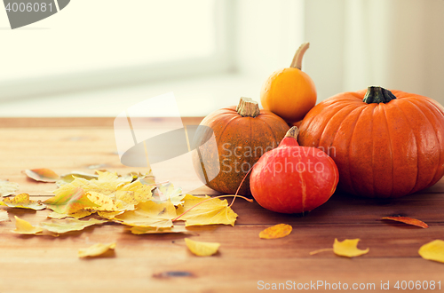 Image of close up of pumpkins on wooden table at home