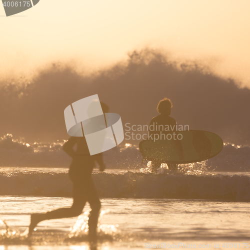 Image of Silhouette of surfers on beach in sunset.