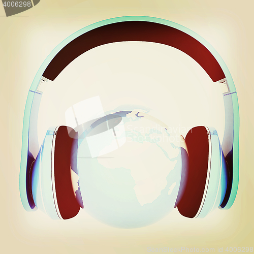 Image of World music 3D render of planet Earth with headphones . 3D illus