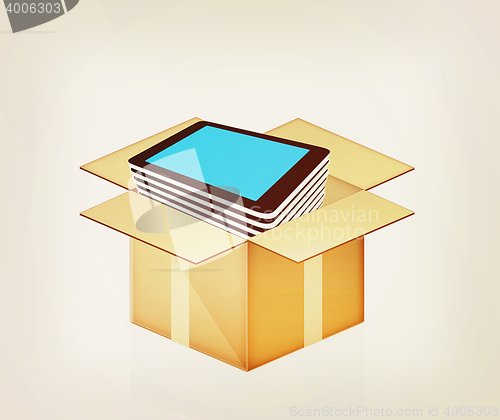 Image of tablet pc in cardboard box. 3D illustration. Vintage style.