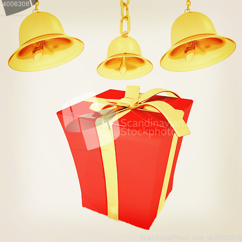 Image of Gold bell and red gift box with golden ribbon. 3D illustration. 