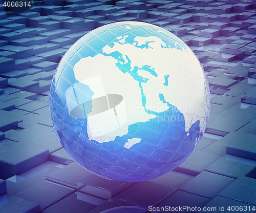 Image of earth against abstract urban background . 3D illustration. Vinta