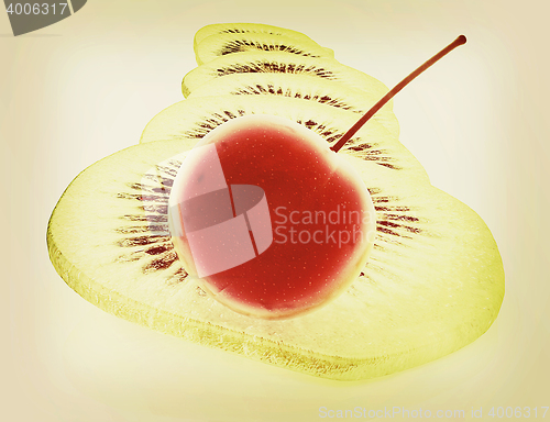 Image of slices of kiwi and cherry. 3D illustration. Vintage style.