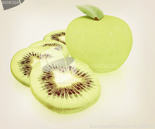 Image of slices of kiwi and apple. 3D illustration. Vintage style.