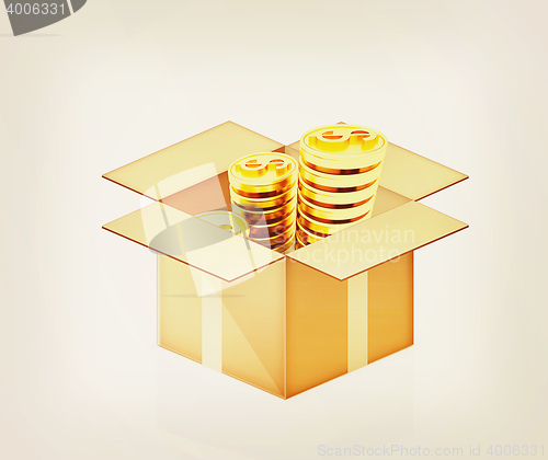 Image of Gold dollar coins in cardboard box. 3D illustration. Vintage sty