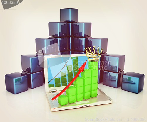 Image of A laptop and cubic diagramatics structure. Concept of online bus