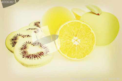 Image of slices of kiwi, apple, orange and half orange. 3D illustration. 