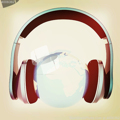 Image of earth with headphones. World music concept. 3D illustration. Vin