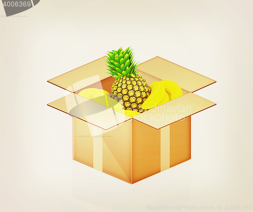Image of pineapple and bananas in cardboard box. 3D illustration. Vintage