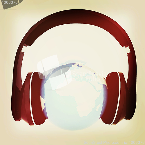 Image of earth with headphones. World music concept. 3D illustration. Vin