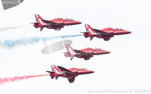 Image of LEEUWARDEN, THE NETHERLANDS - JUNE 10, 2016: RAF Red Arrows perf