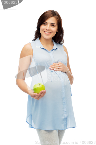 Image of happy pregnant woman holding green apple