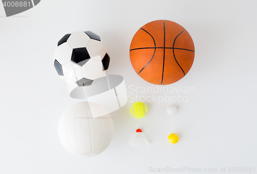 Image of close up of different sports balls and shuttlecock