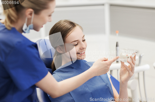 Image of dentist showing jaw layout to happy girl patient