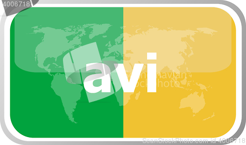 Image of avi word on vector web button icon isolated on white. World earth map icon vector illustration.