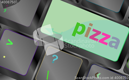 Image of Computer keyboard with blue pizza word on enter key, vector keyboard key. keyboard button. Vector illustration