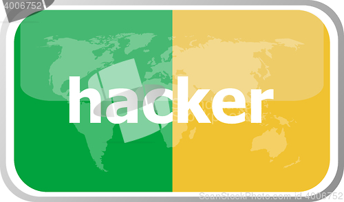 Image of hacker. Flat web button icon. World map earth icon. Vector illustration