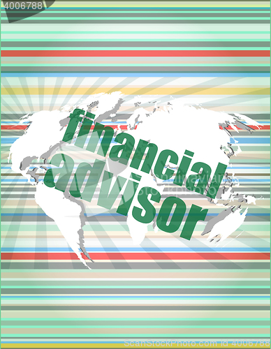 Image of financial advisor word on digital screen, mission control interface hi technology vector quotation marks with thin line speech bubble. concept of citation, info, testimonials, notice, textbox. isolate