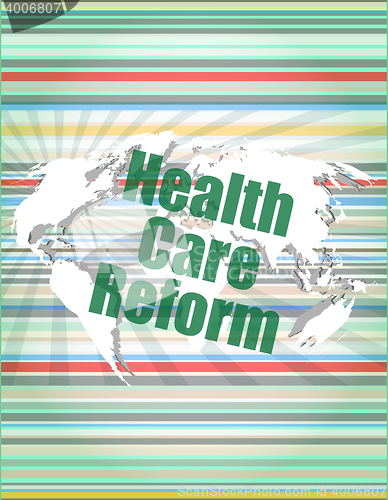 Image of health care reform word on touch screen, modern virtual technology background vector quotation marks with thin line speech bubble. concept of citation, info, testimonials, notice, textbox. flat style 