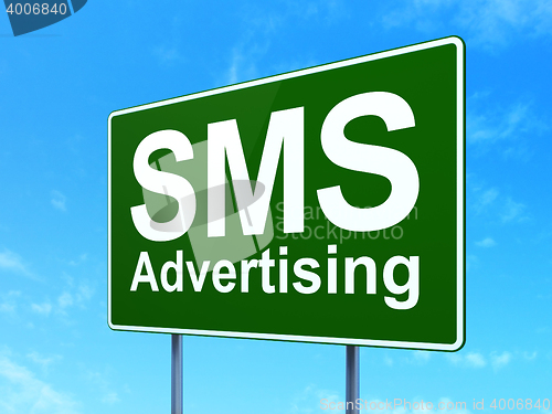 Image of Advertising concept: SMS Advertising on road sign background