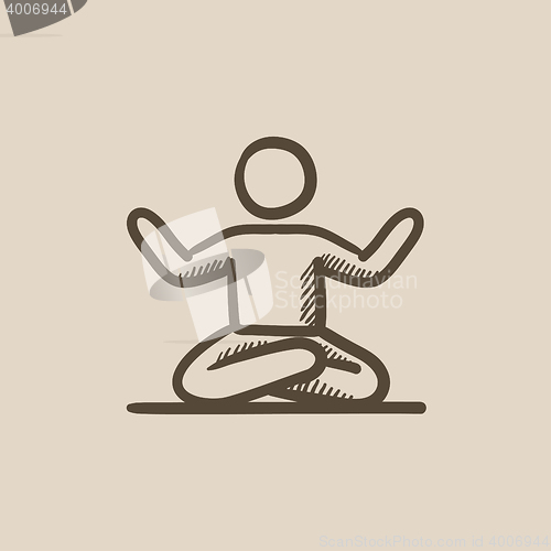 Image of Man meditating in lotus pose sketch icon.