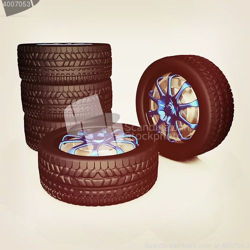 Image of car wheel. 3D illustration. Vintage style.