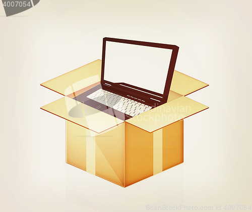 Image of Laptop in cardboard box. 3D illustration. Vintage style.