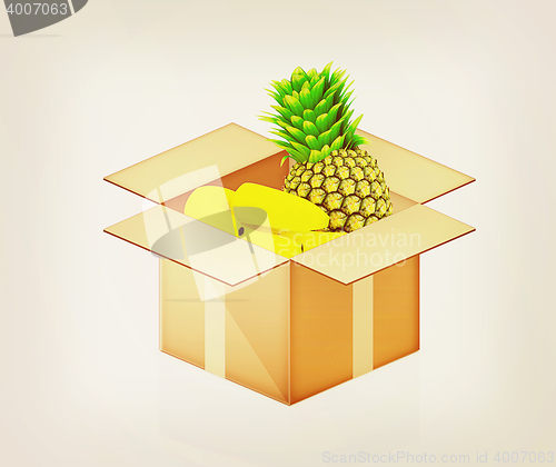 Image of pineapple and bananas in cardboard box. 3D illustration. Vintage