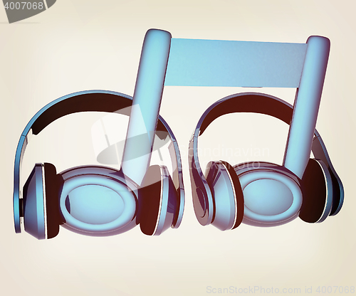 Image of headphones and 3d note. 3D illustration. Vintage style.