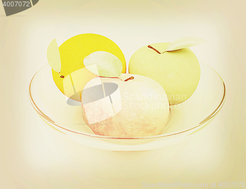 Image of Citrus and apple. 3D illustration. Vintage style.