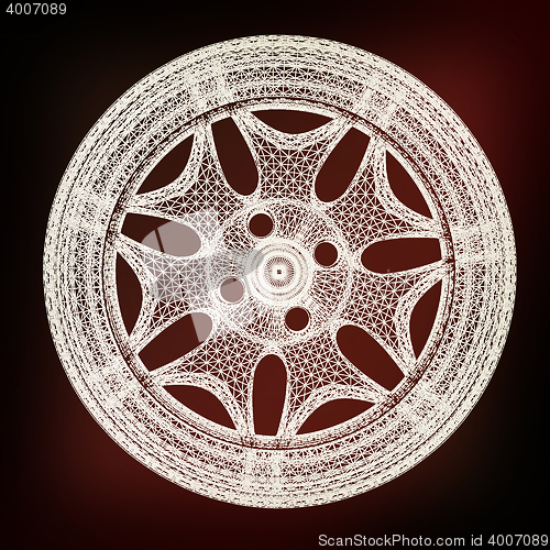 Image of 3d model of car wheel rims. 3D illustration. Vintage style.