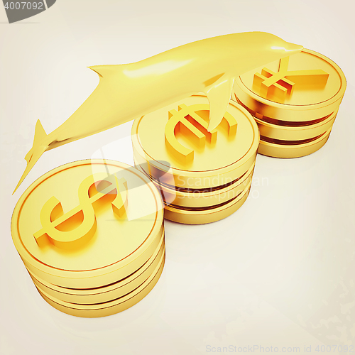 Image of Gold coins with 3 major currencies with golden dolphin. 3D illus