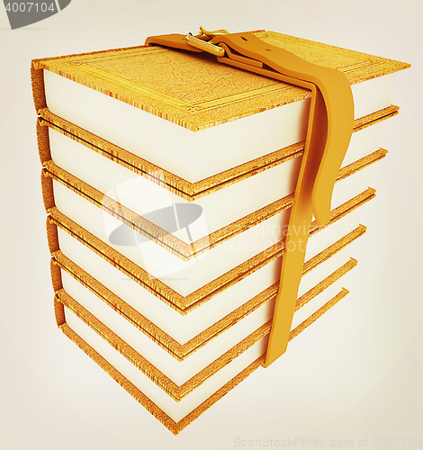 Image of Stack of leather book with belt. 3D illustration. Vintage style.