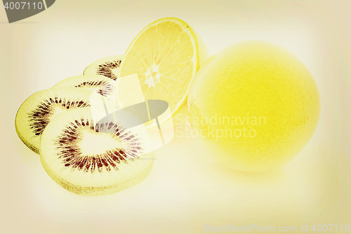 Image of slices of kiwi, orange and half orange. 3D illustration. Vintage