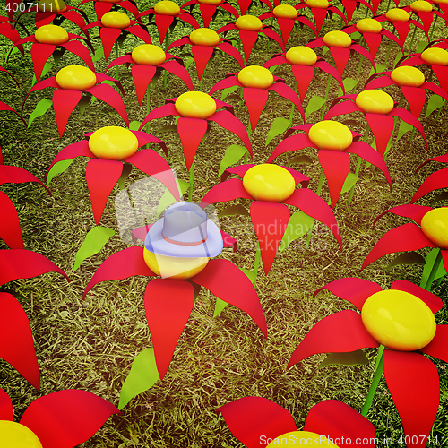 Image of One individuality blue hat on a fantastic flower. 3D illustratio