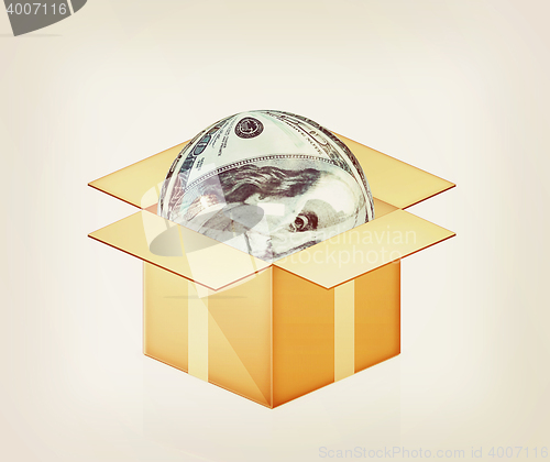 Image of Sphere from dollar in cardboard box. 3D illustration. Vintage st