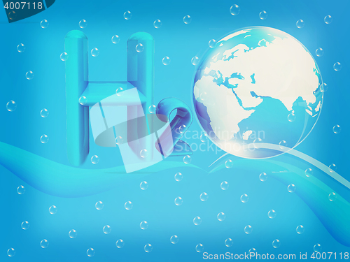 Image of Blue water drops background and formula of water. 3D illustratio