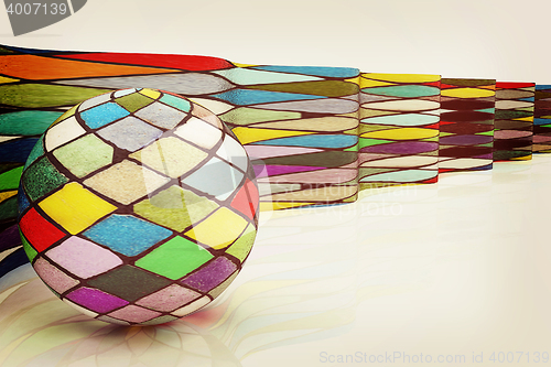 Image of Mosaic ball against the background of colorful waves. 3D illustr