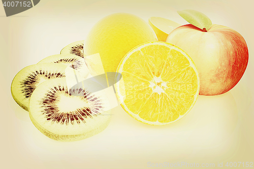 Image of slices of kiwi, apple, orange and half orange. 3D illustration. 