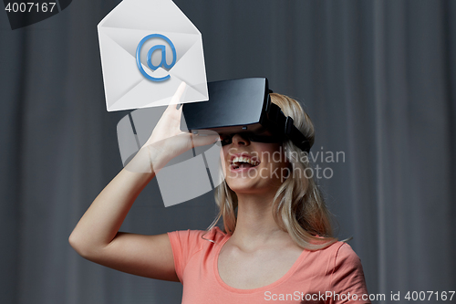 Image of woman in virtual reality headset or 3d glasses