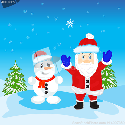 Image of Festive santa and person molded from snow