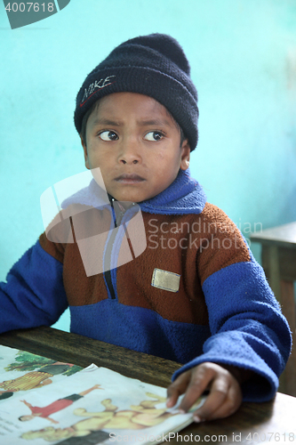 Image of  Portrait of schoolboy at school, Kumrokhali, West Bengal, India