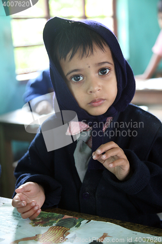 Image of  Portrait of schoolboy at school, Kumrokhali, West Bengal, India