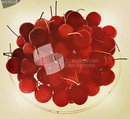 Image of Sweet cherries on a plate. 3D illustration. Vintage style.