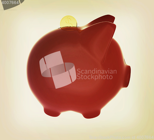 Image of piggy bank and falling coins. 3D illustration. Vintage style.
