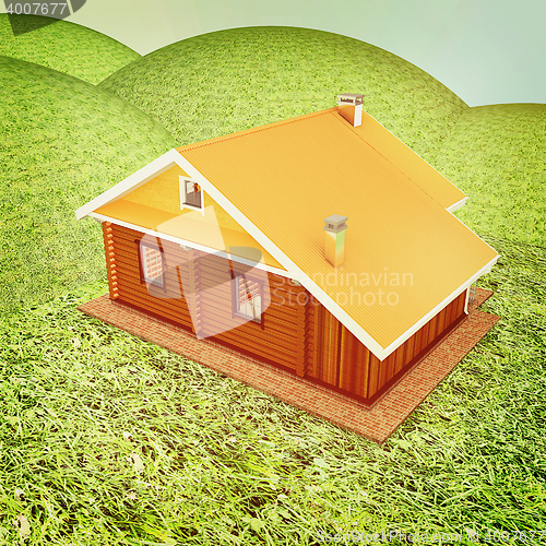 Image of Wooden house against the background of fairytale landscape . 3D 